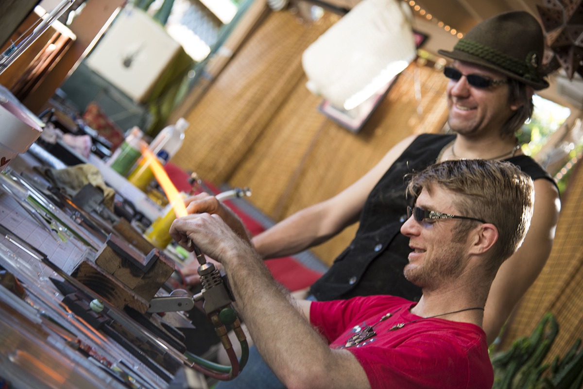 Glass artists Alexander Chacona + Corey Mitchell having fun creating art pieces with blown glass technique.